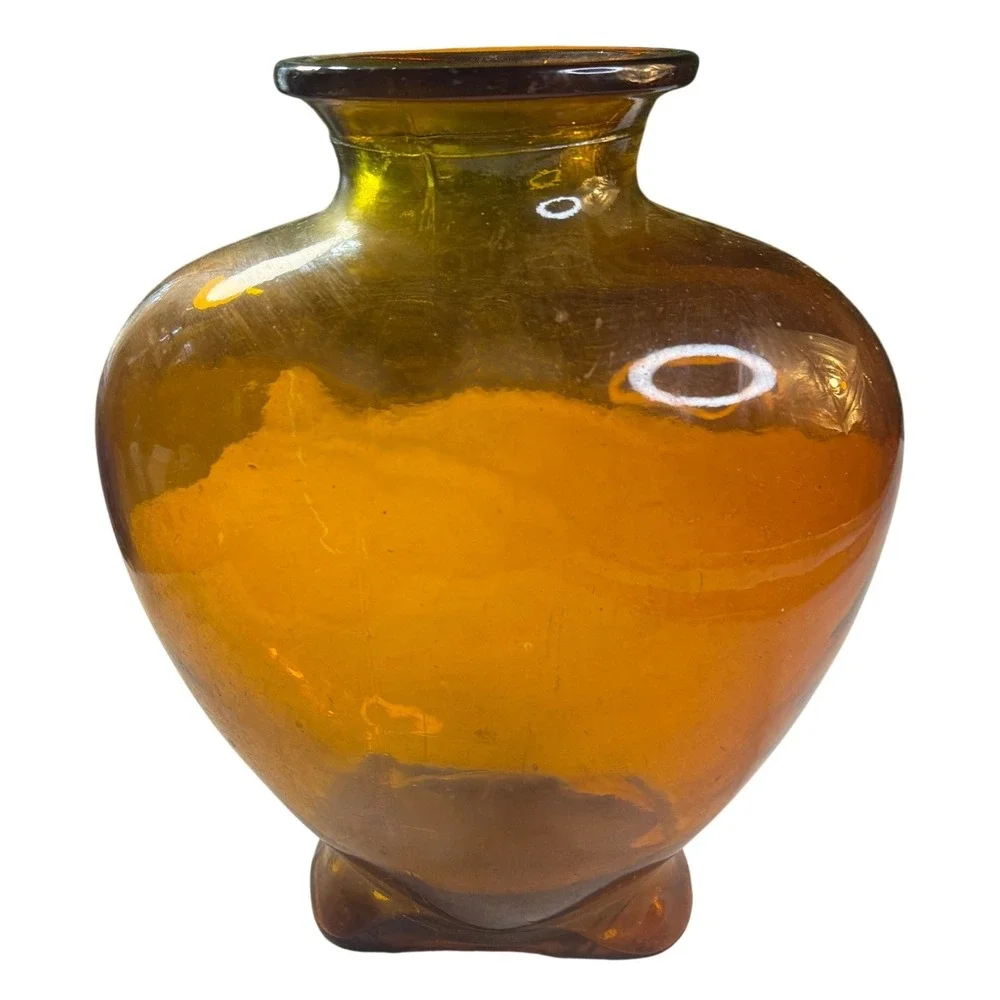 Vintage Large Amber Hand Blown Heart Glass Vase MCM 15